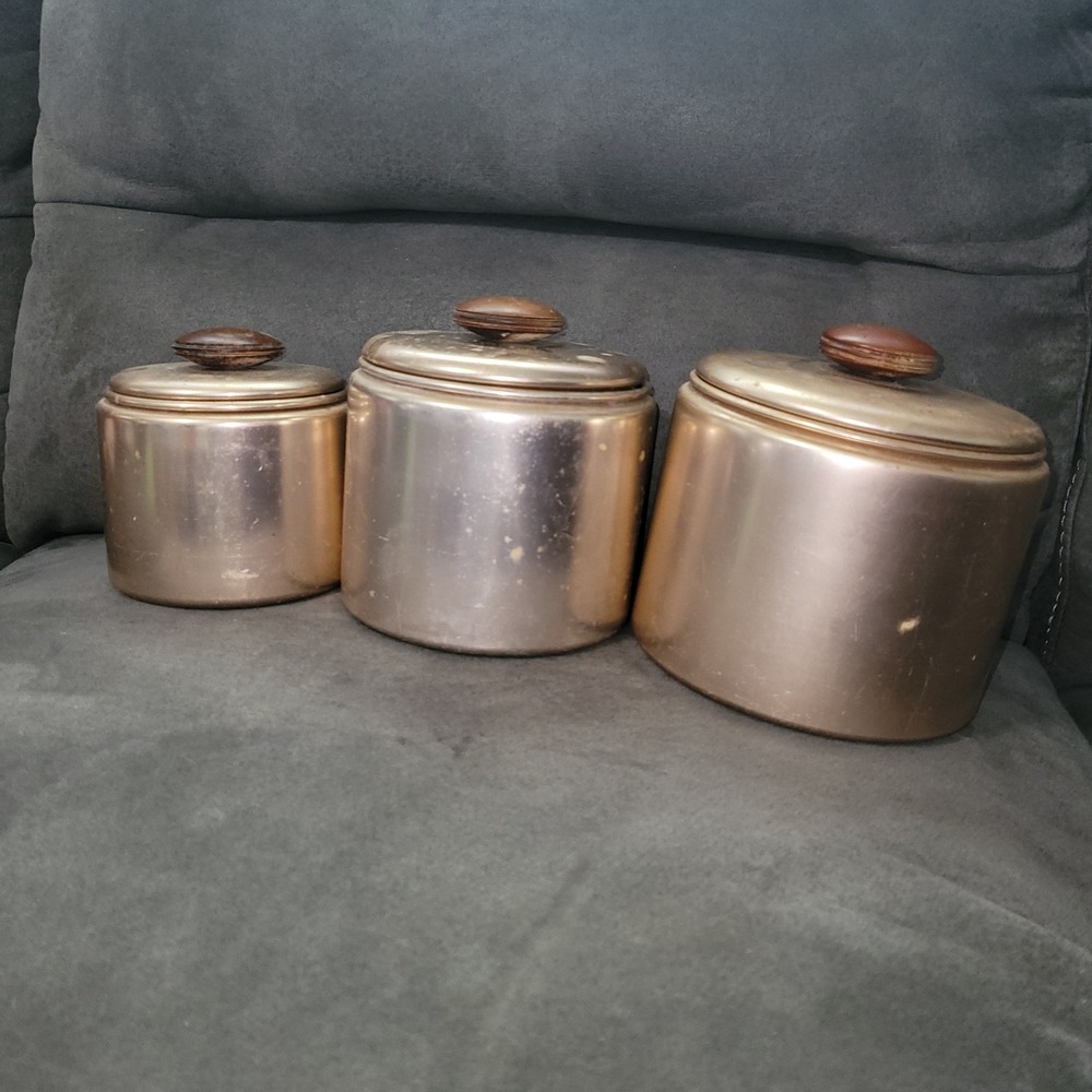 1950's VINTAGE SET OF 3 MIRRO COPPER ROSE COLORED KITCHEN CANISTER SET